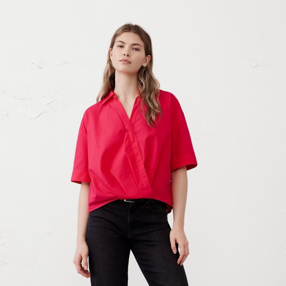 Collared Wrap Popover Top - Coral